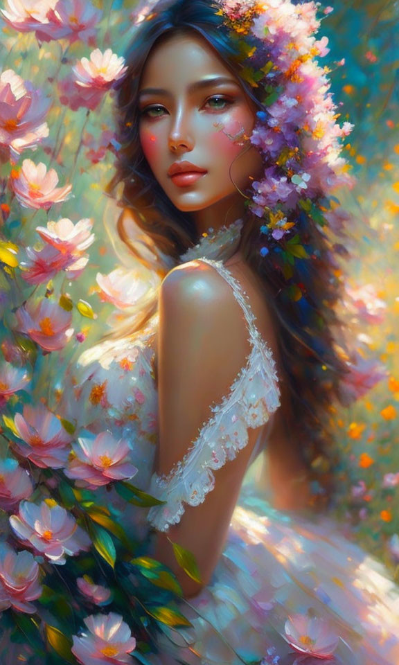 Digital artwork: Woman in floral headdress and dress surrounded by blooming flowers in sunlit setting