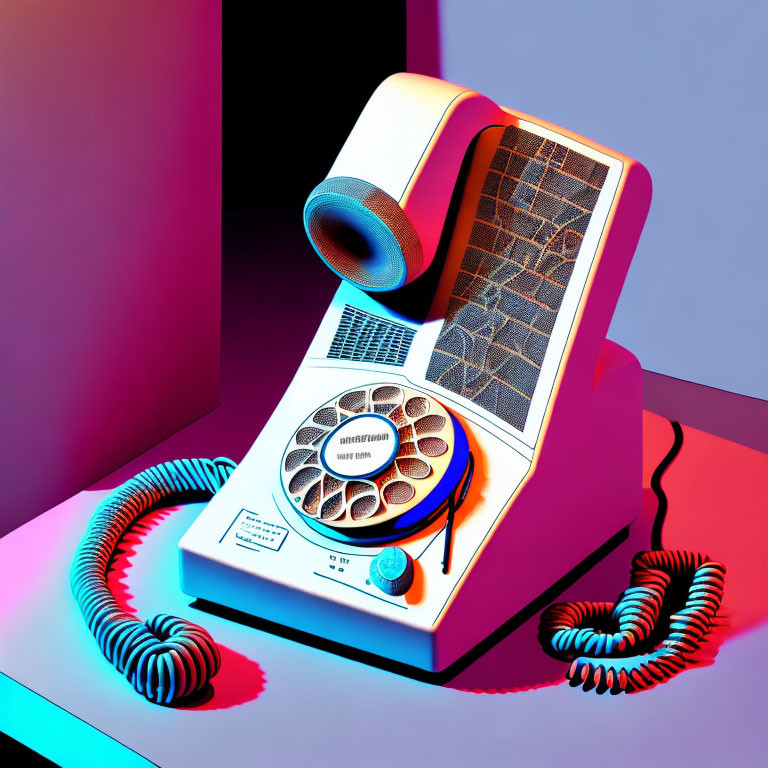 Retro-futuristic telephone with rolled-up screen and solar panels in neon-lit setting