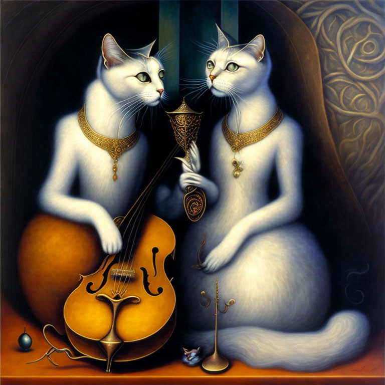 Anthropomorphic white cats in gold necklaces with violin and goblet on ornate background