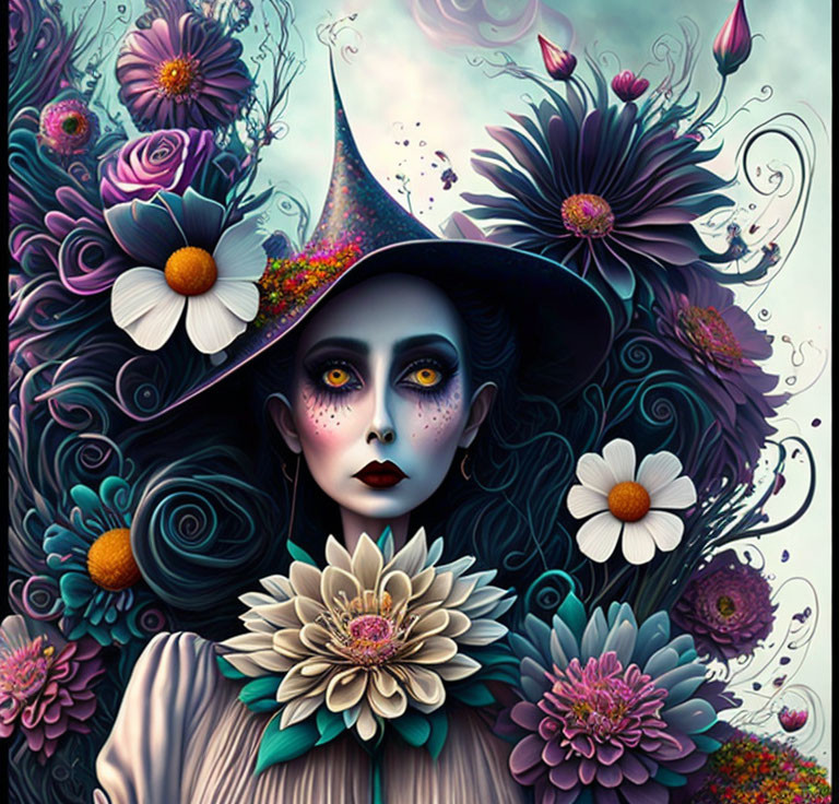 Fantasy illustration of pale woman in witch's hat with dark hair among colorful flowers.