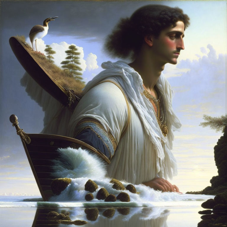 Person in Ancient Attire by Calm Water with Boat and Bird