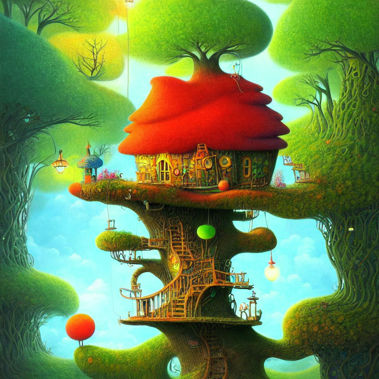 Whimsical treehouse with red roof in vibrant green forest