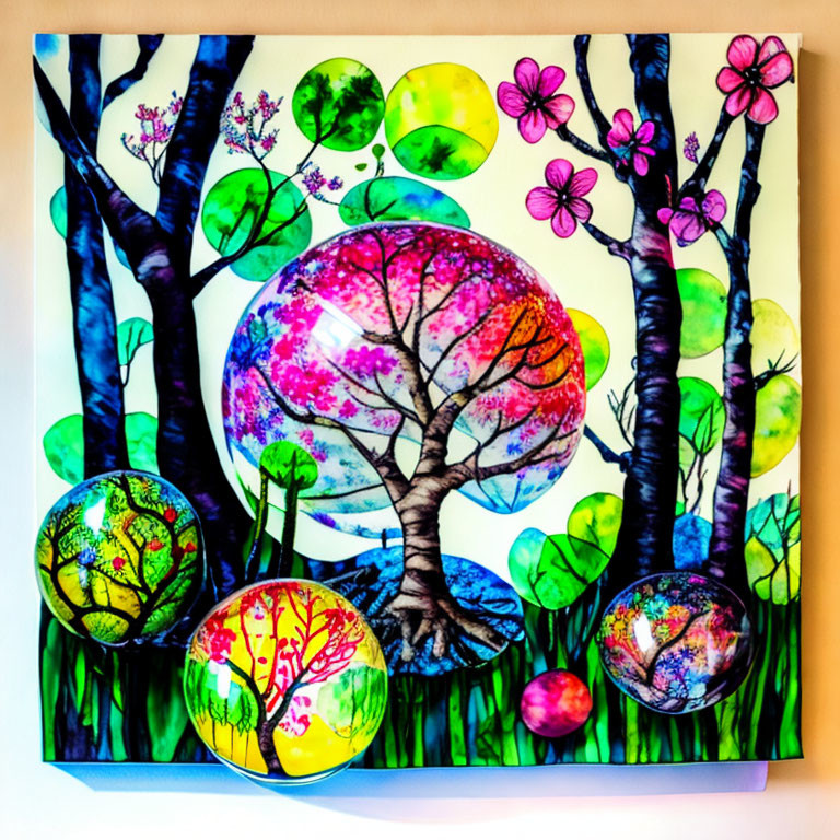 Colorful Stylized Tree Art with Spheres and Floral Elements