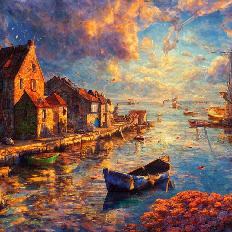 Vibrant sunset over coastal village with boats and serene waters