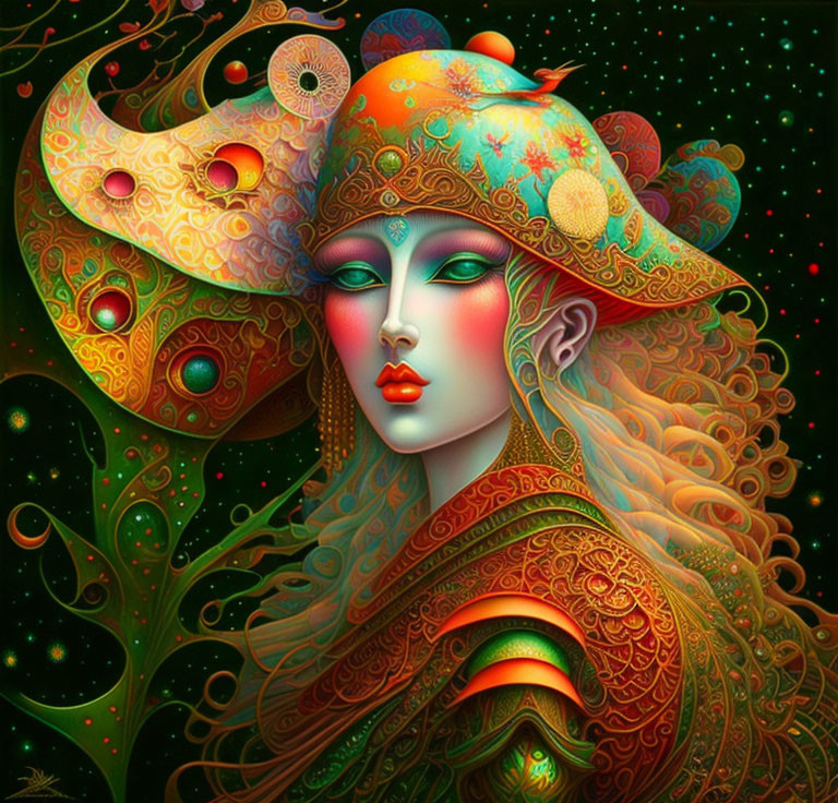 Vibrant illustration of stylized woman with intricate patterns amid fantastical flora