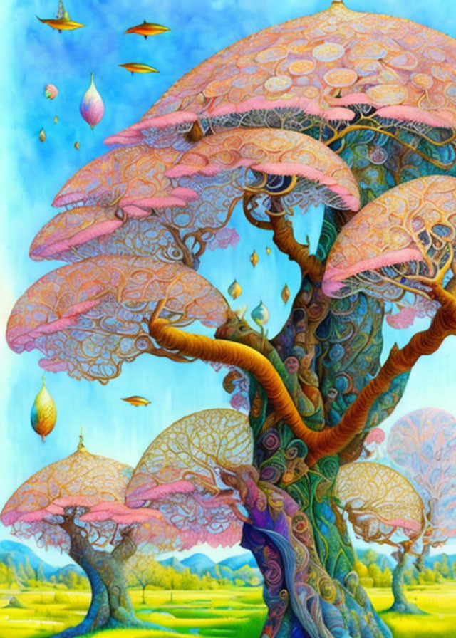 Colorful painting of whimsical trees with pink lace-like canopies, golden leaves, and lush green