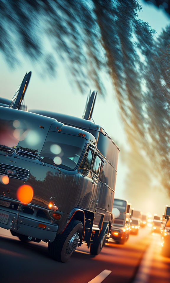 Shiny truck in motion on highway at sunset