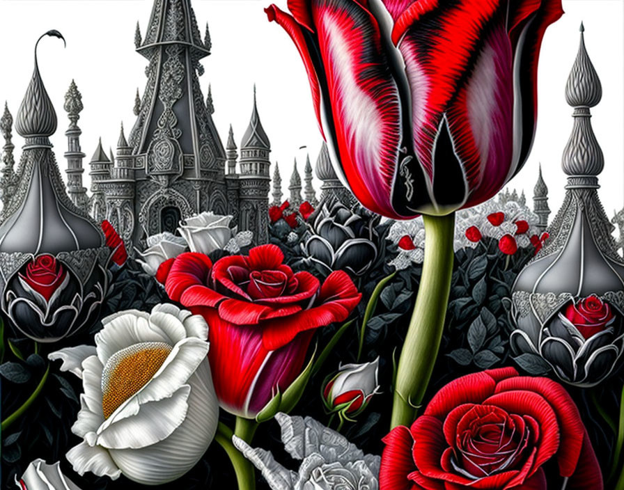 Vibrant digital artwork: Red and white roses with gothic architectural elements