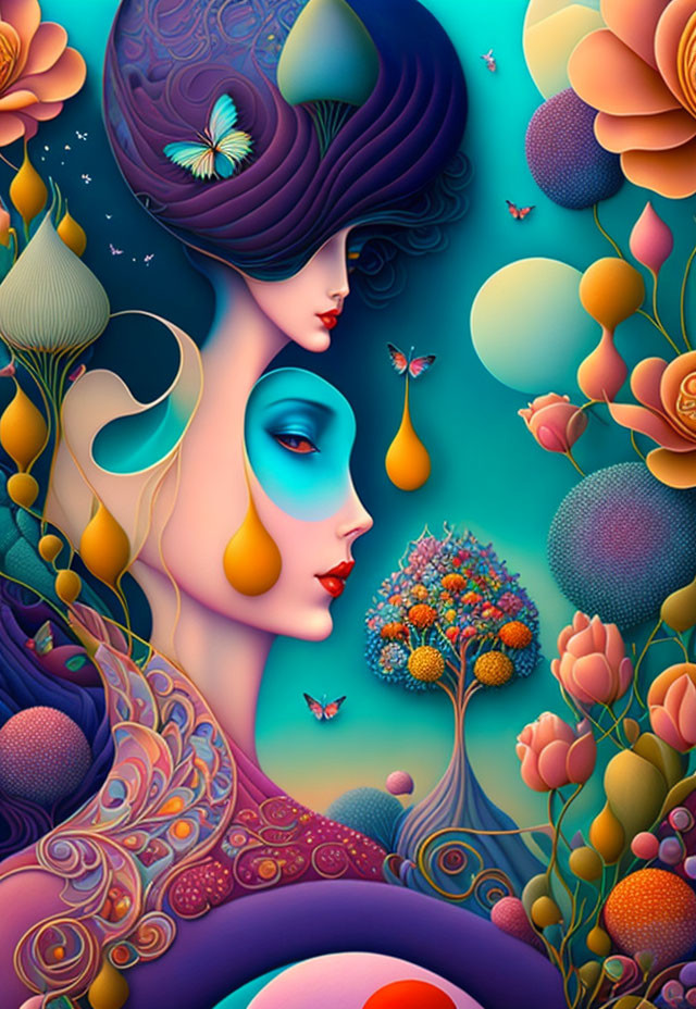 Surrealist artwork: Two female profiles, flowers, butterflies, and tree