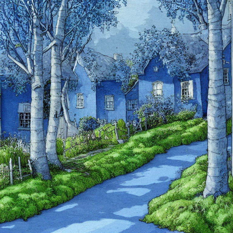 Tranquil Village Scene with Birch Trees at Dusk