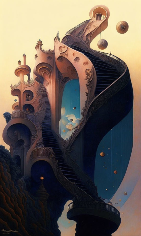 Vertical surreal landscape with ornate buildings forming giant musical instrument on cosmic backdrop.