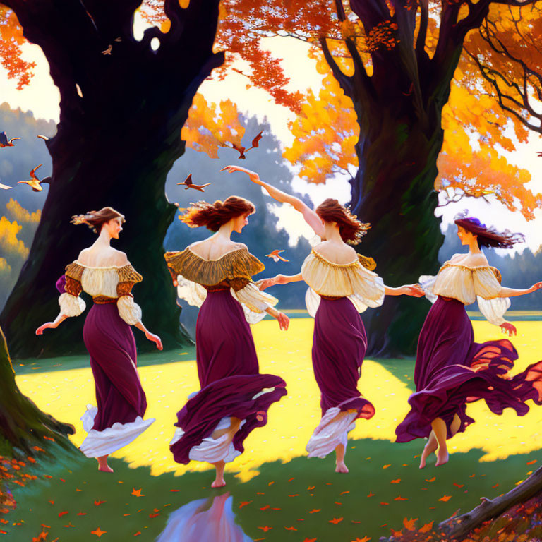 Four women in vintage dresses dancing under autumn trees with fallen leaves and flying birds.