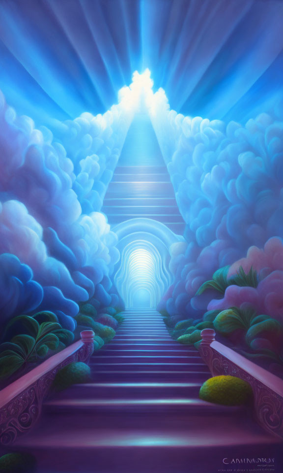 Surreal illustration of staircase to bright light with clouds