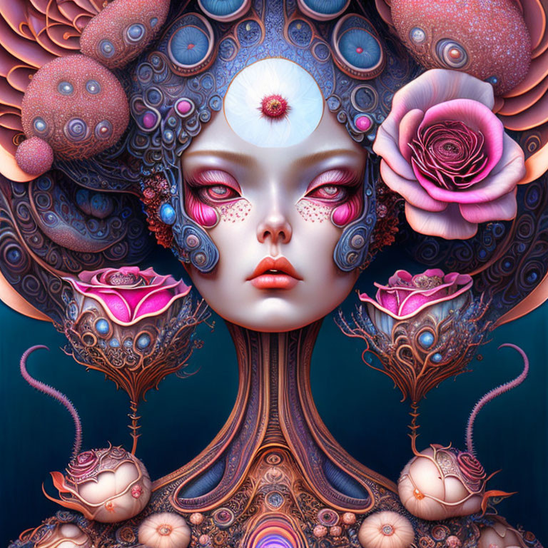 Vibrant fantasy art of female figure with ornate floral headpiece