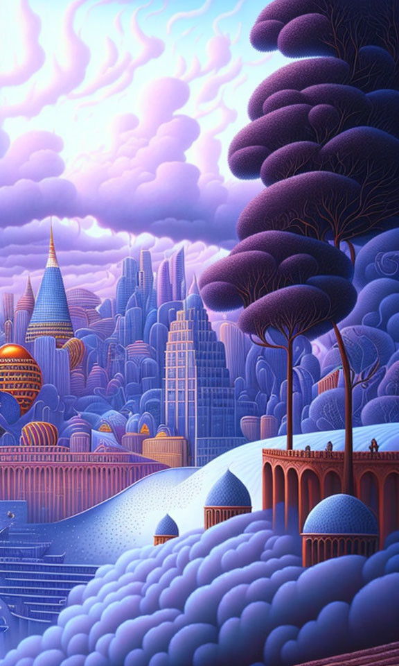 Whimsical illustration of fantastical city with purple architecture