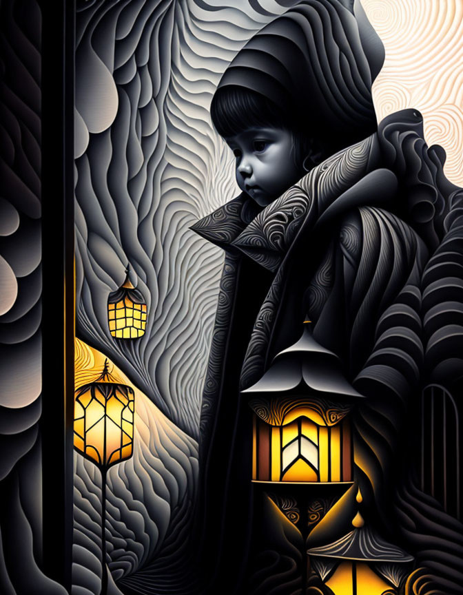 Child in cloak with lantern and intricate patterns in background