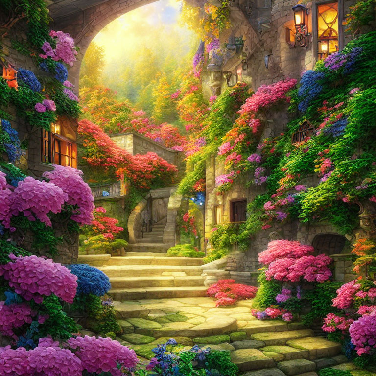 Enchanting stone cottage with vibrant flowers and sunlit path.