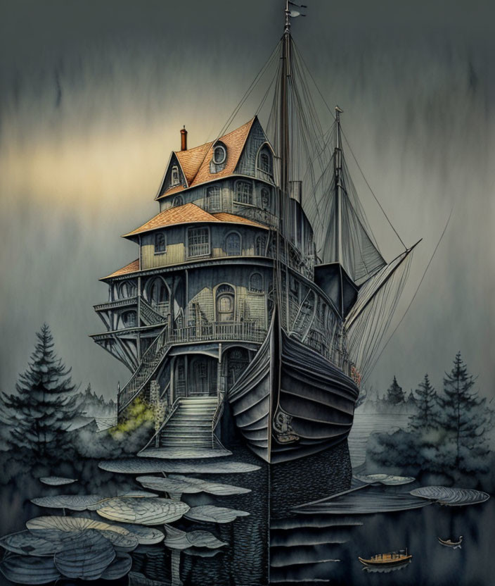 Surreal ship-house fusion in foggy Victorian landscape