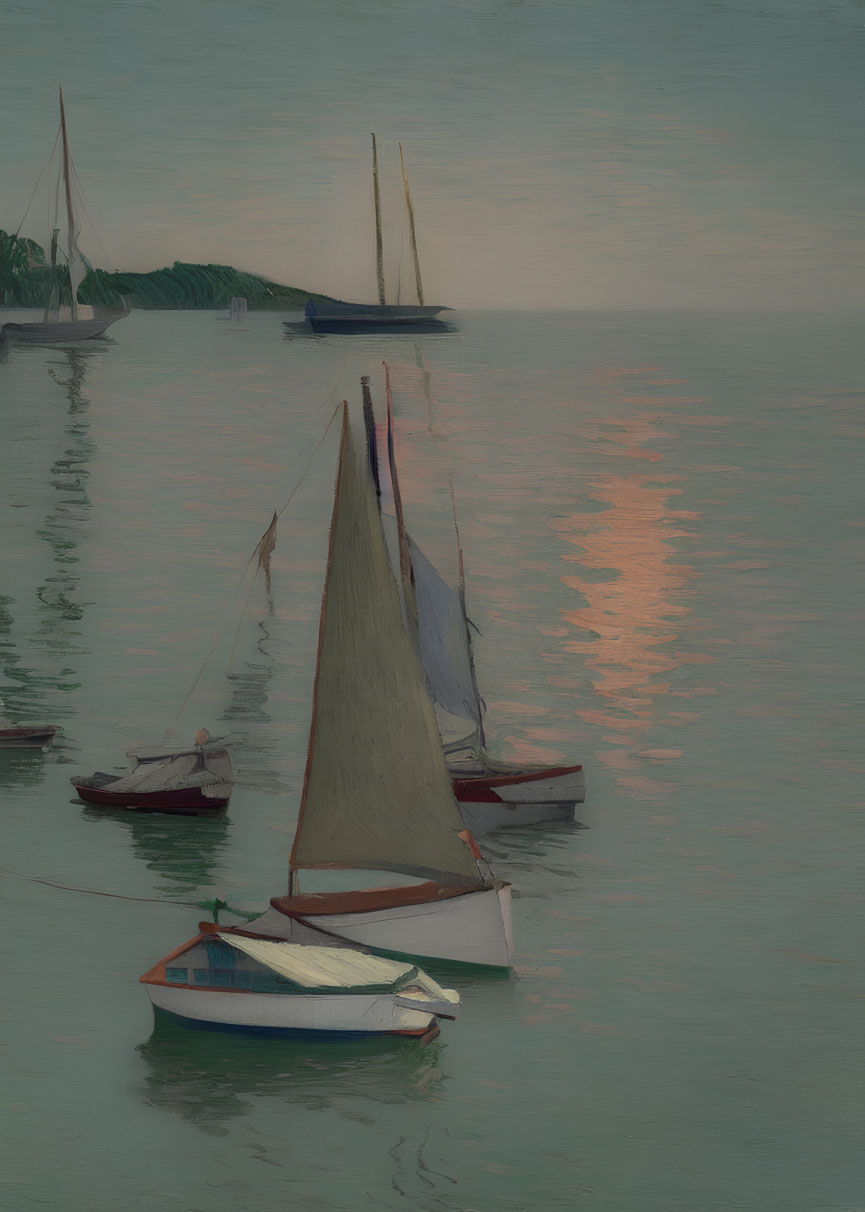 Sailboats on calm water at dusk with sunset reflections