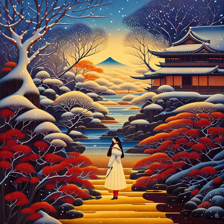 Woman in white with red shoes on bridge in vibrant winter scene with Mt. Fuji.