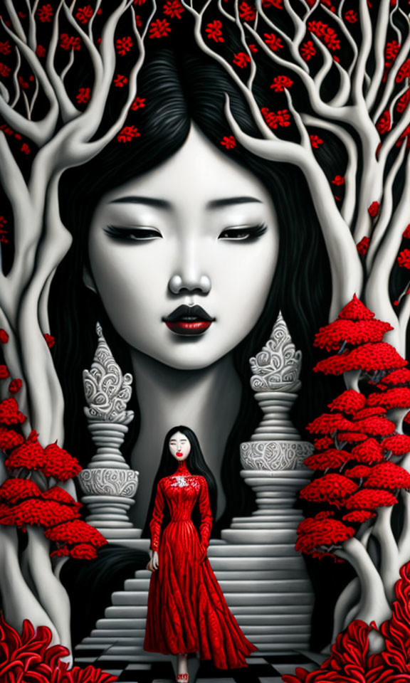 Woman in Red Dress Surrounded by Flowers and Intricate Patterns