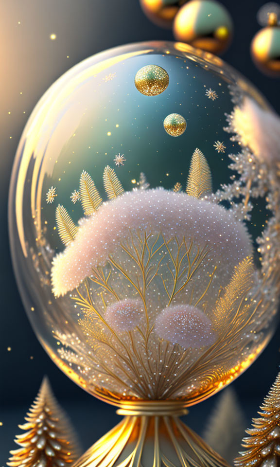 Snow Globe with Mini Trees and Golden Orbs on Blue Background