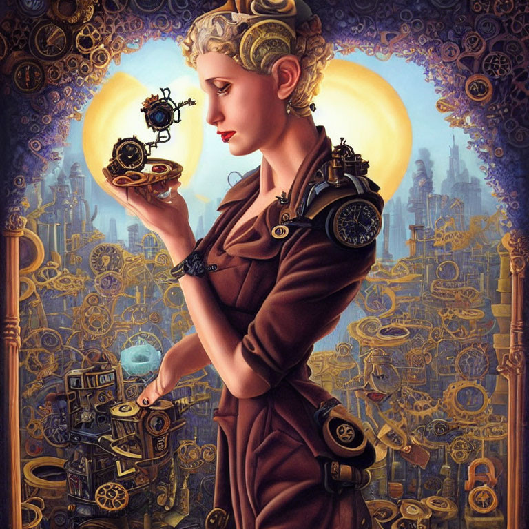 Steampunk-themed woman with mechanical device and glowing orb in cityscape.