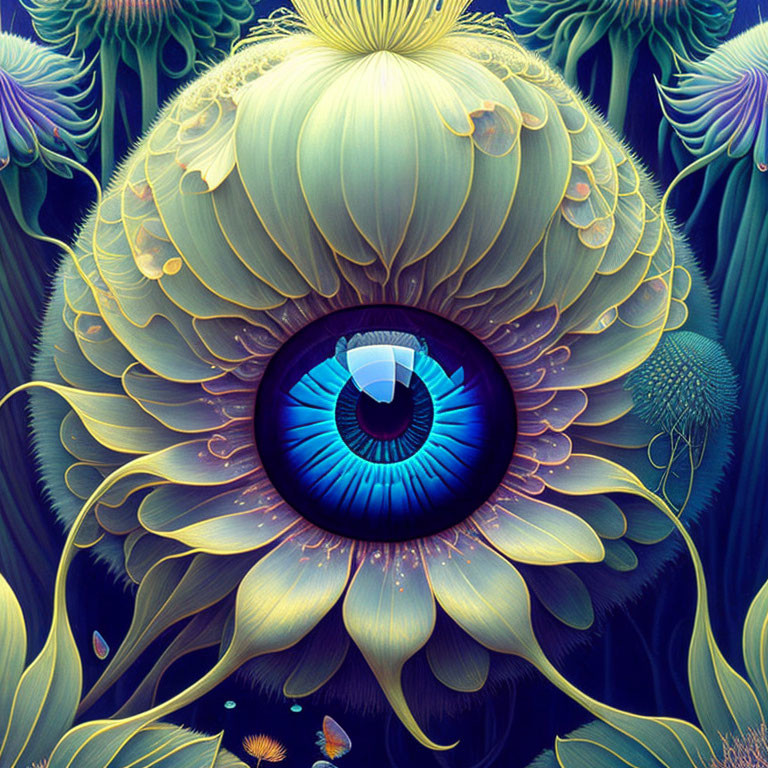 Surreal eye illustration with ornate floral patterns in vivid colors