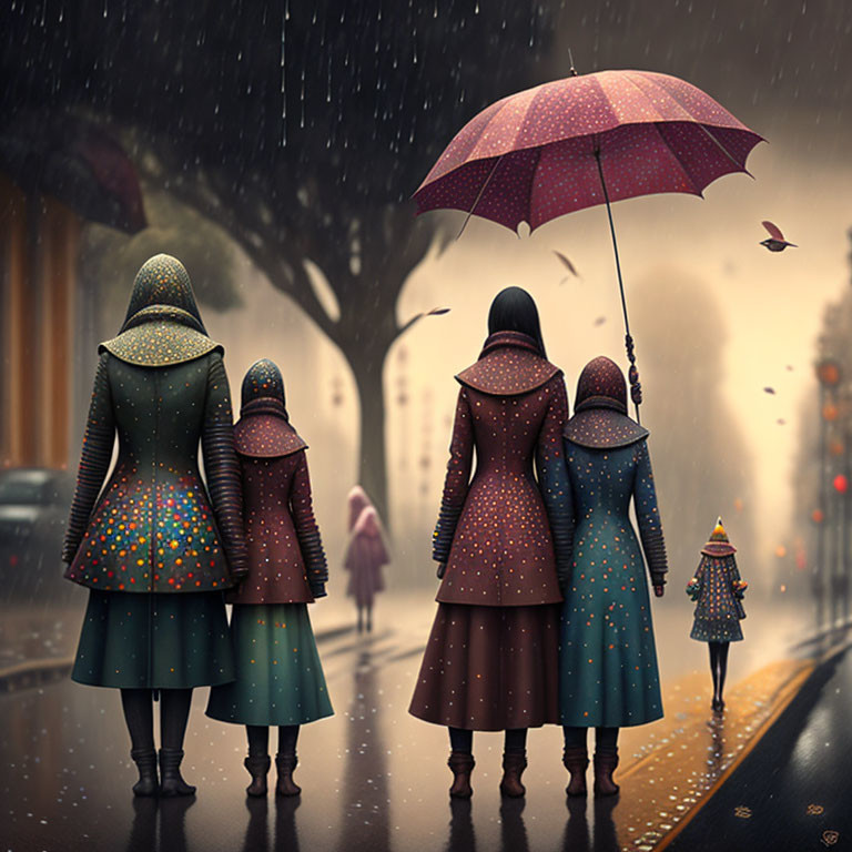 Four people in polka dot coats walking under umbrella on rainy street with glowing lights reflected on wet pavement