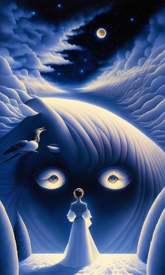 Surreal painting of woman, moon, eyes, bird, and landscape