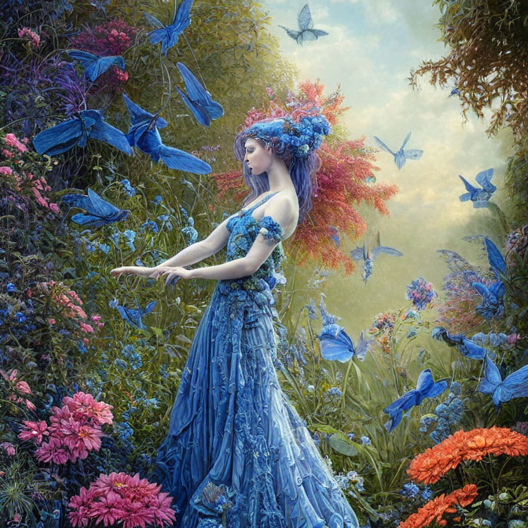 Woman in Blue Gown Surrounded by Butterflies in Flower-Filled Landscape