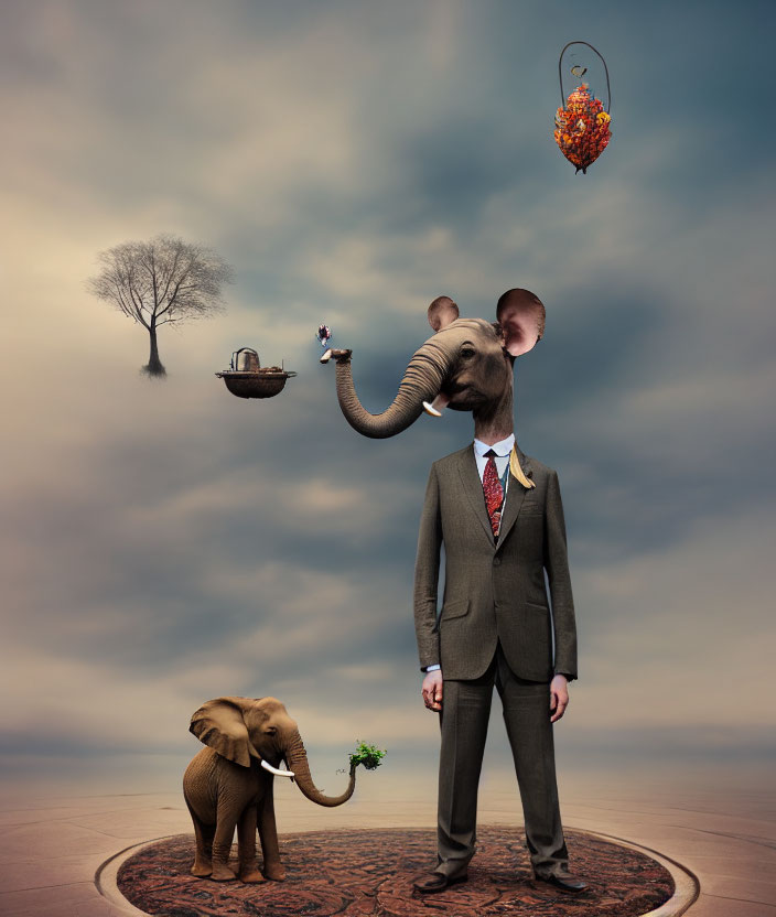 Surreal image of man with elephant head, small elephant, floating objects, serene sky