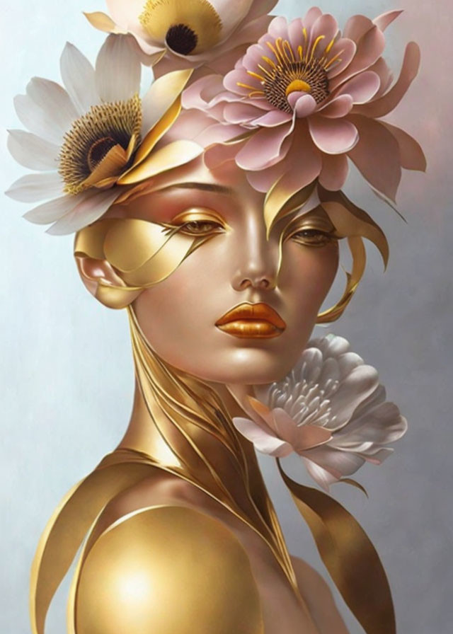 Golden-skinned woman with floral and metallic accents.