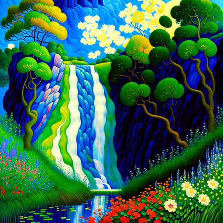 Colorful painting of lush waterfall scene with vibrant trees and flowers