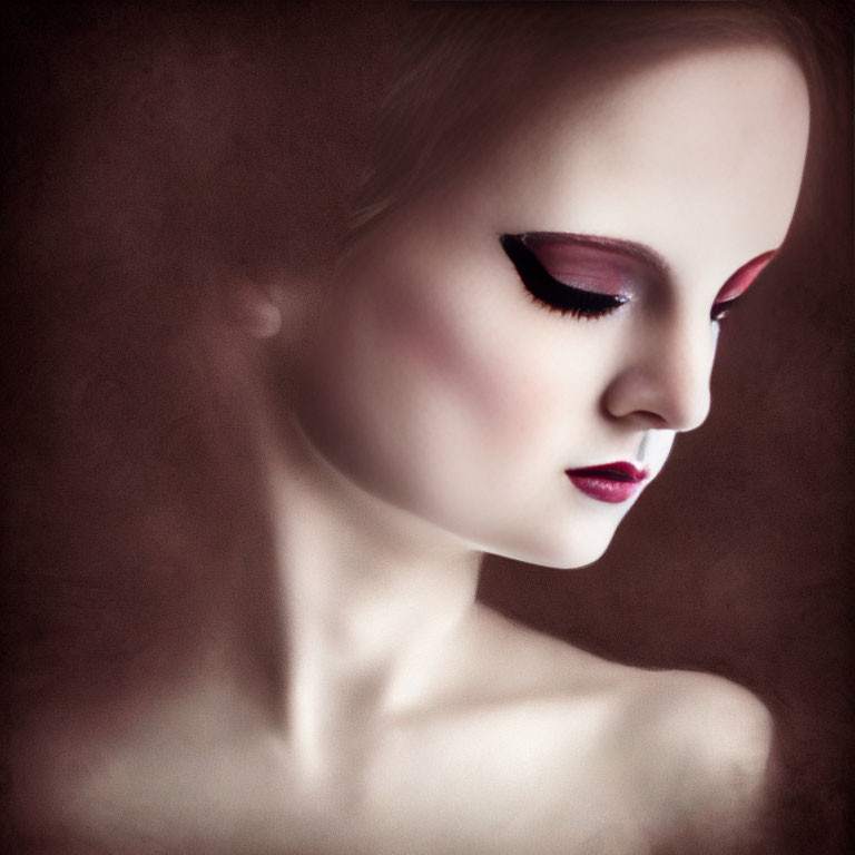 Person with Dark Red Lips and Winged Eyeliner on Moody Background