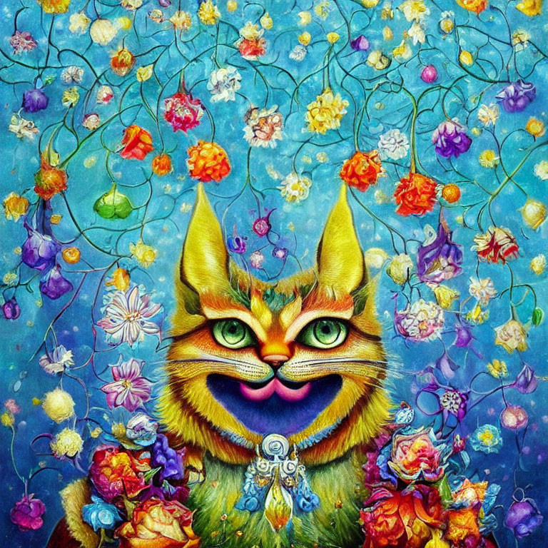 Colorful Whimsical Cat Artwork with Floral Design