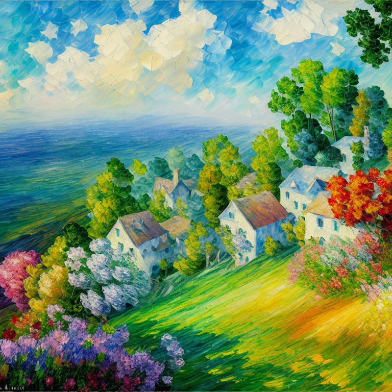 Colorful Impressionist Coastal Village Painting with Lush Trees and Dynamic Sky