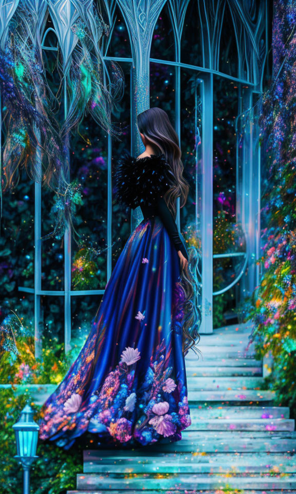 Woman in floral gown by lantern on stairway in mystical garden.