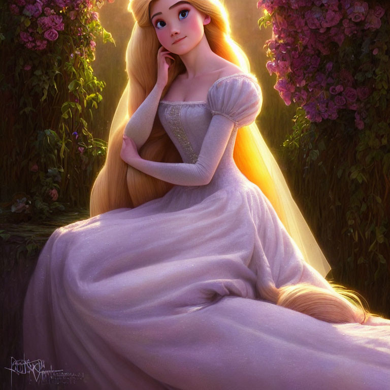 Golden-Haired Animated Princess Surrounded by Blossoms in Twilight