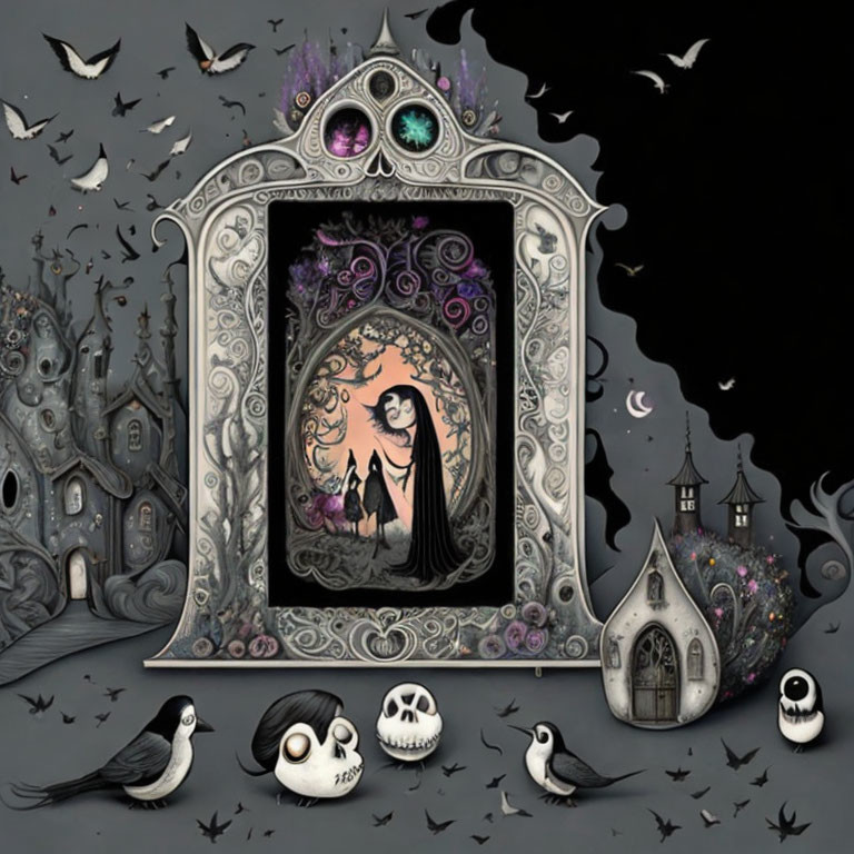 Gothic scene with woman, cat, mirror, skulls, and birds in dark colors