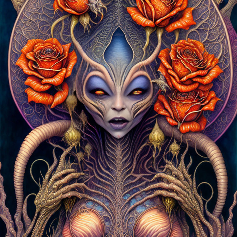 Violet-skinned creature with tentacle-like hair and ornate halo surrounded by orange roses