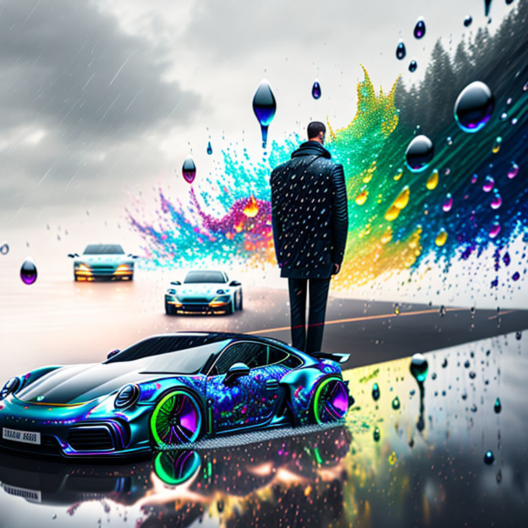 Man in suit on wet road with colorful raindrops and sports car.