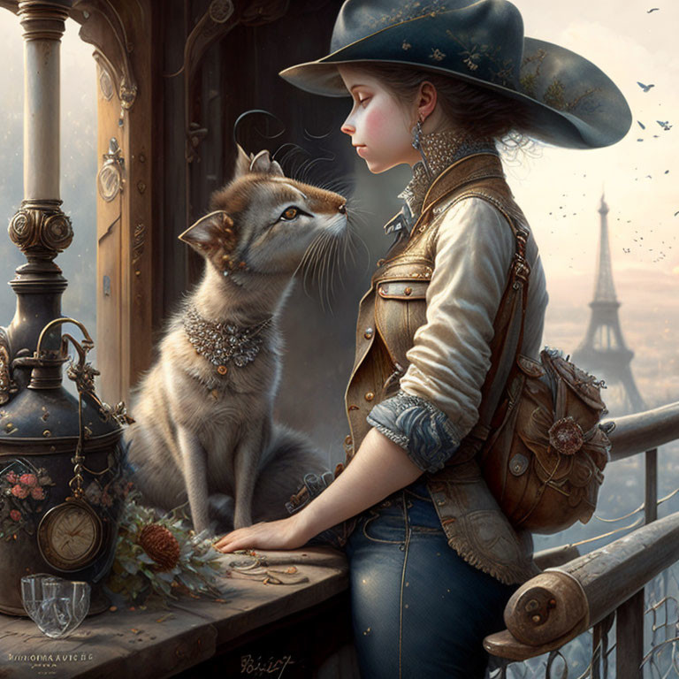 Vintage Outfit Girl and Cat by Window with Eiffel Tower Background