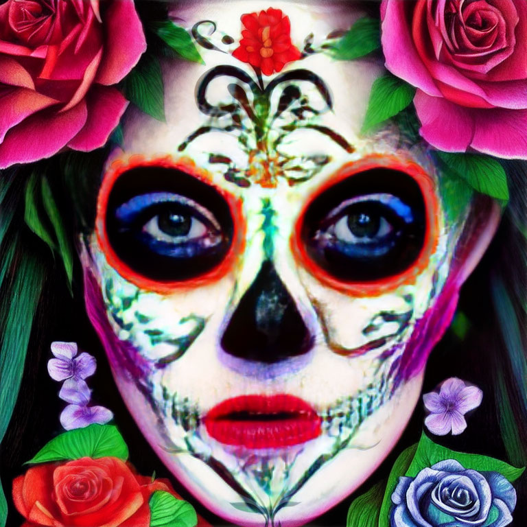 Vibrant skull face paint and colorful roses in Day of the Dead style