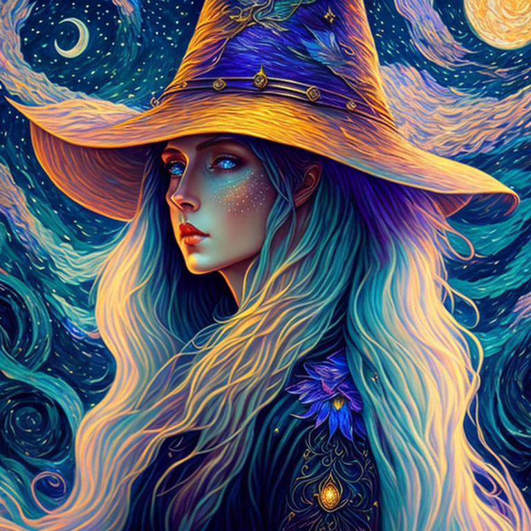 Mystical female figure in starry wizard hat against cosmic backdrop