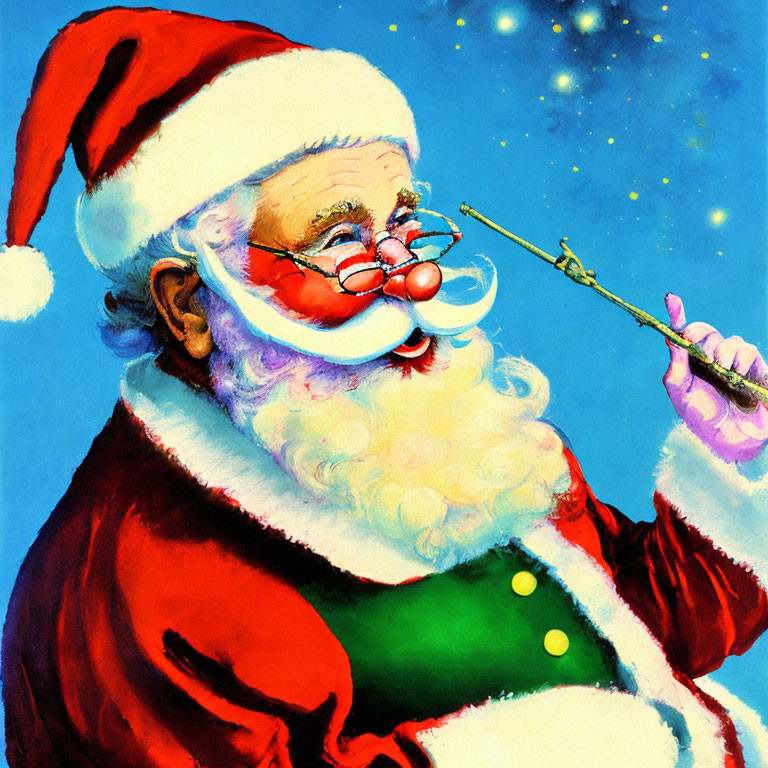 Festive Santa Claus illustration with spectacles on starry backdrop