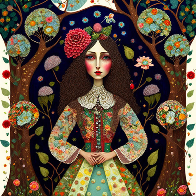 Stylized illustration of woman in intricate clothing in floral forest