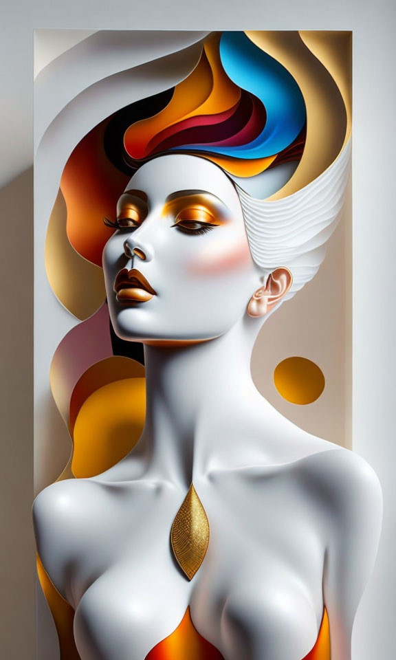 Vibrant surreal portrait of a woman with flowing hair in red, orange, and yellow tones