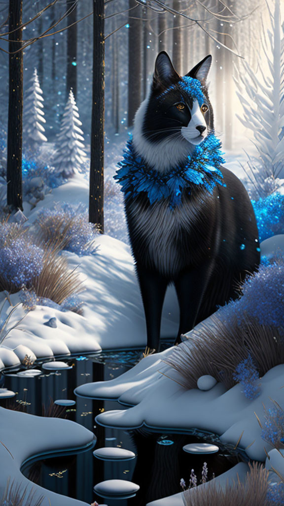 Majestic black and white cat in snowy forest with blue foliage