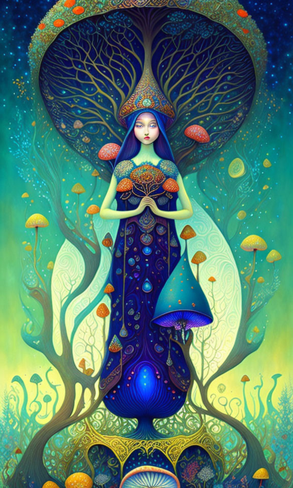 Illustration of woman with tree-like features in mystical forest